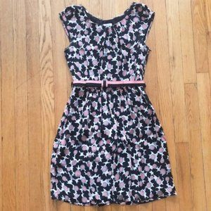 Milly Belted Black and Pink Print Silk Dress